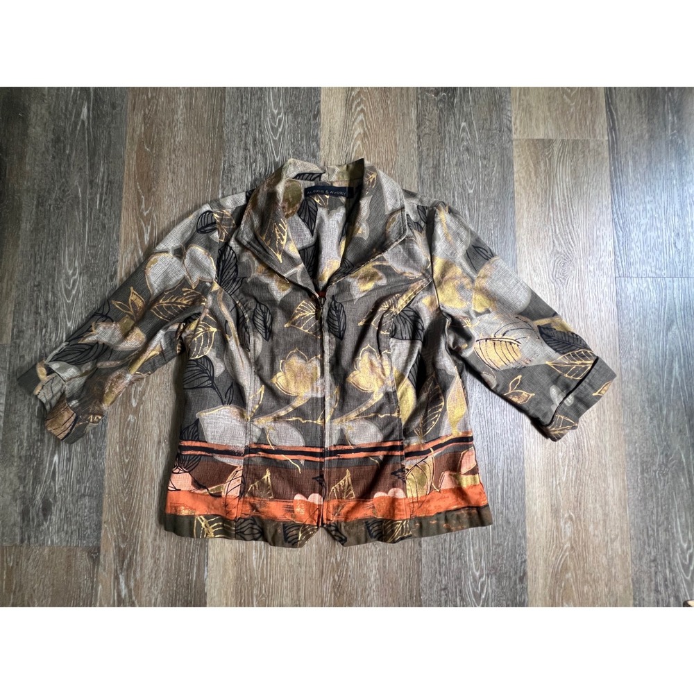 Alexis & Avery Zip Front Jacket Womens 16 Brown Gold Leaf Print 3/4 Sleeve